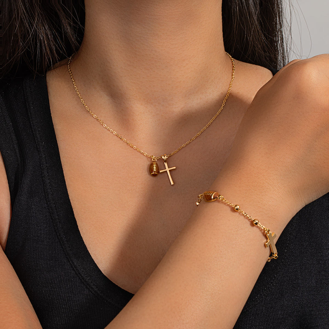 Christianartworkshop Sport Ball & Cross Jewelry Set (Necklace + Bracelet) with Card: A Symbol of Faith and Athletic Passion - Golden Rugby B - image 17