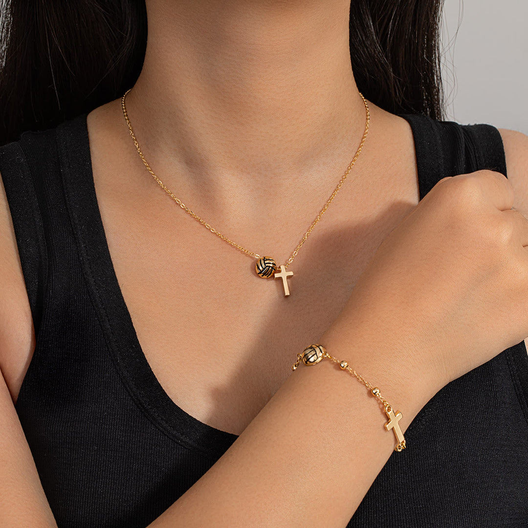 Christianartworkshop Sport Ball & Cross Jewelry Set (Necklace + Bracelet) with Card: A Symbol of Faith and Athletic Passion - Golden Volleyball A - image 0