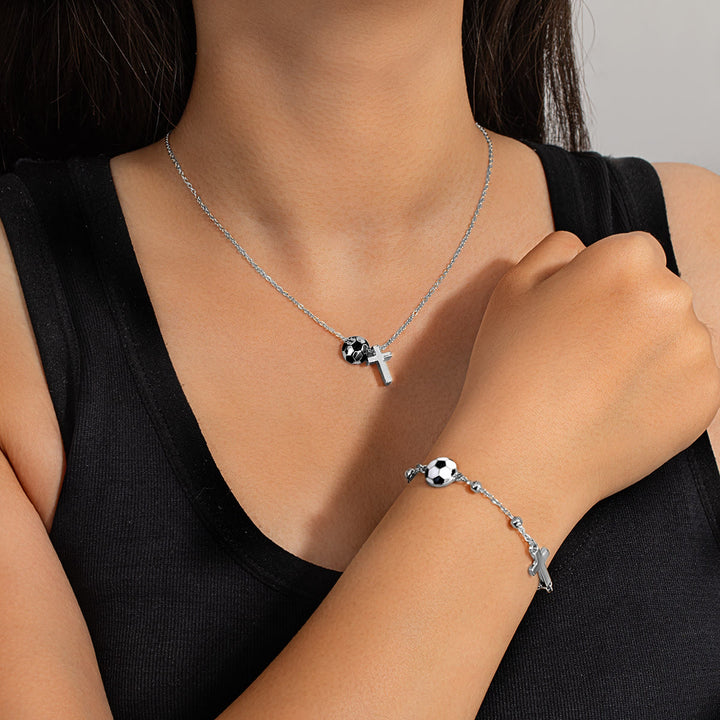 Christianartworkshop Sport Ball & Cross Jewelry Set (Necklace + Bracelet) with Card: A Symbol of Faith and Athletic Passion - Silver Soccer A - image 12