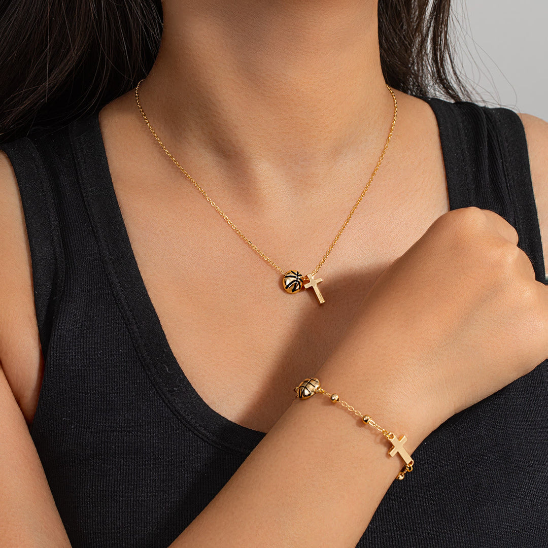 Christianartworkshop Sport Ball & Cross Jewelry Set (Necklace + Bracelet) with Card: A Symbol of Faith and Athletic Passion - Golden Basketball A - image 6