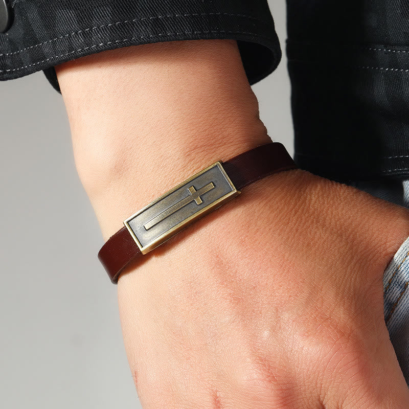 Christianartworkshop Vintage Leather Cross Bracelet with Antique Metal Plaque: A Symbol of Rugged Faith - image 1