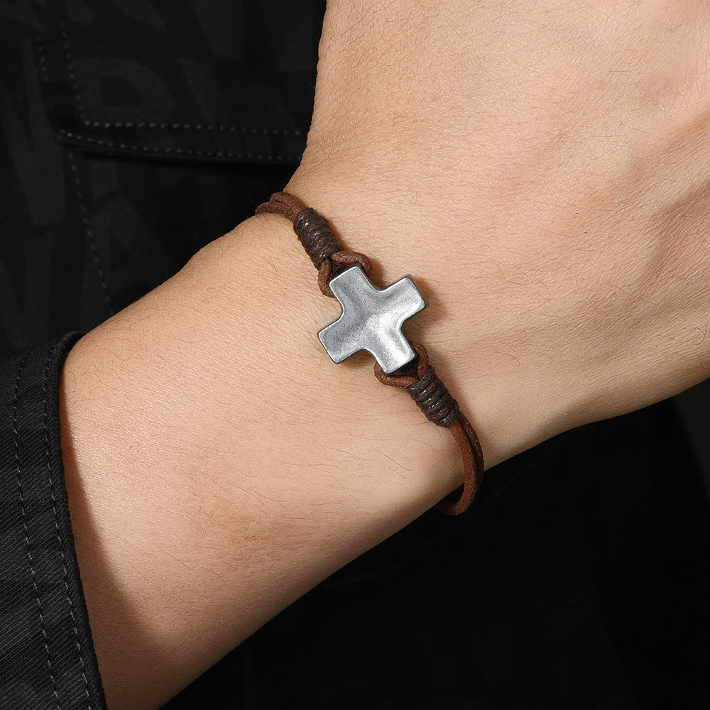 Christianartworkshop Antiqued Metal Cross on Braided Leather Cord: An Emblem of Steadfast Belief - Brown - image 0