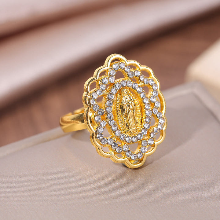 Christianartworkshop Ornate Lace-Edge Marian Ring with Zirconia Halo: A Symbol of Devotion - Golden - image 0