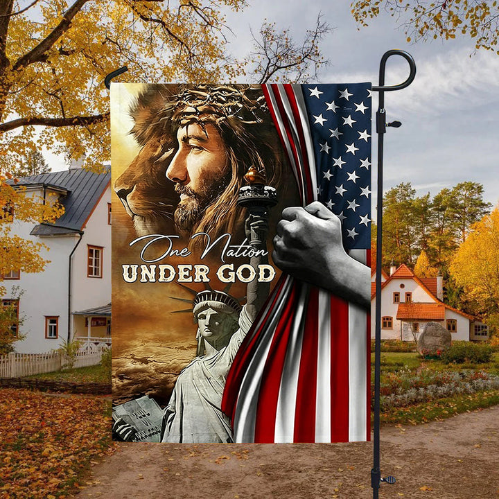 Christianartworkshop One Nation Under God Jesus Lion Liberty Garden Flag: A Token of Faith & Patriotism - 90×150cm (3×5 ft.) - image 0