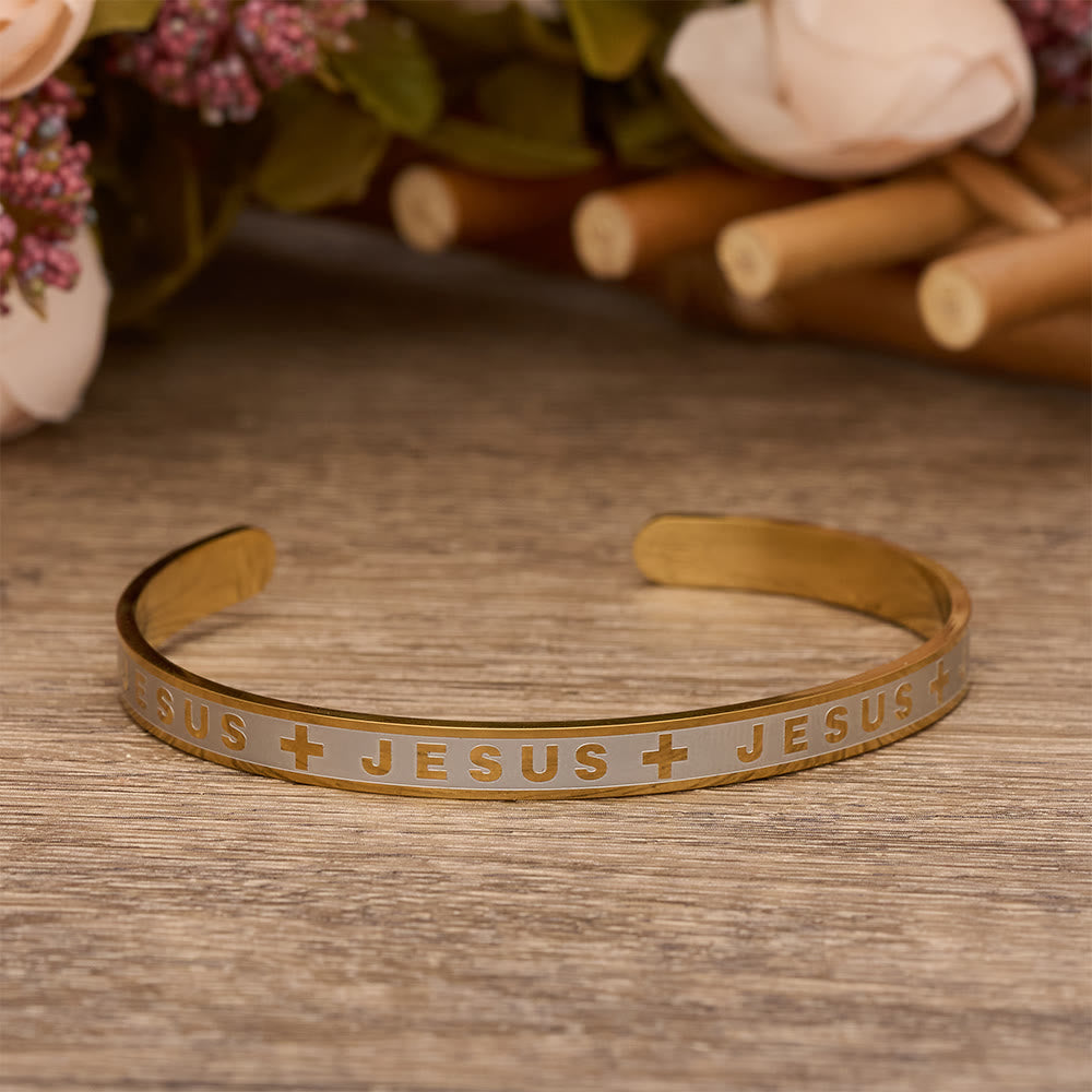 Christianartworkshop Engraved JESUS Cuff Bracelet in Golden, Silver, Rose Gold Tone: A Reminder of Divine Grace - Golden - image 3