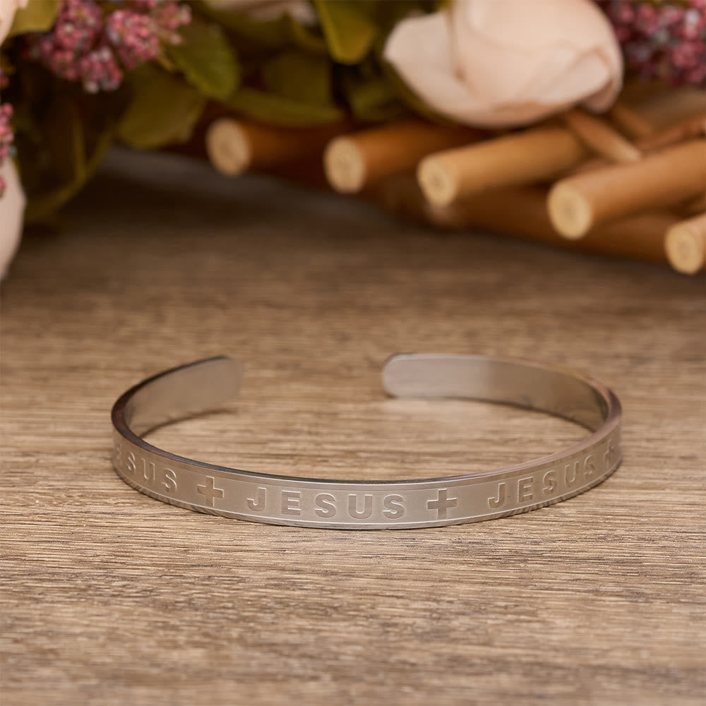 Christianartworkshop Engraved JESUS Cuff Bracelet in Golden, Silver, Rose Gold Tone: A Reminder of Divine Grace - Silver - image 4