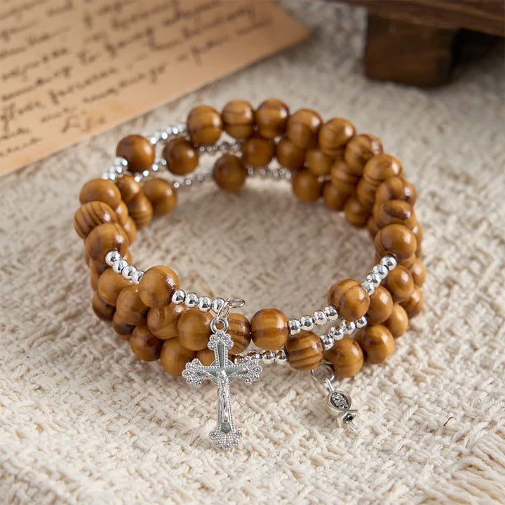 Christianartworkshop Natural Olive Wood Memory Wire Rosary Bracelet with Ichthys & Crucifix - image 6