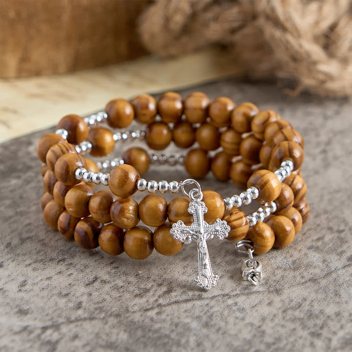 Christianartworkshop Natural Olive Wood Memory Wire Rosary Bracelet with Ichthys & Crucifix - image 5