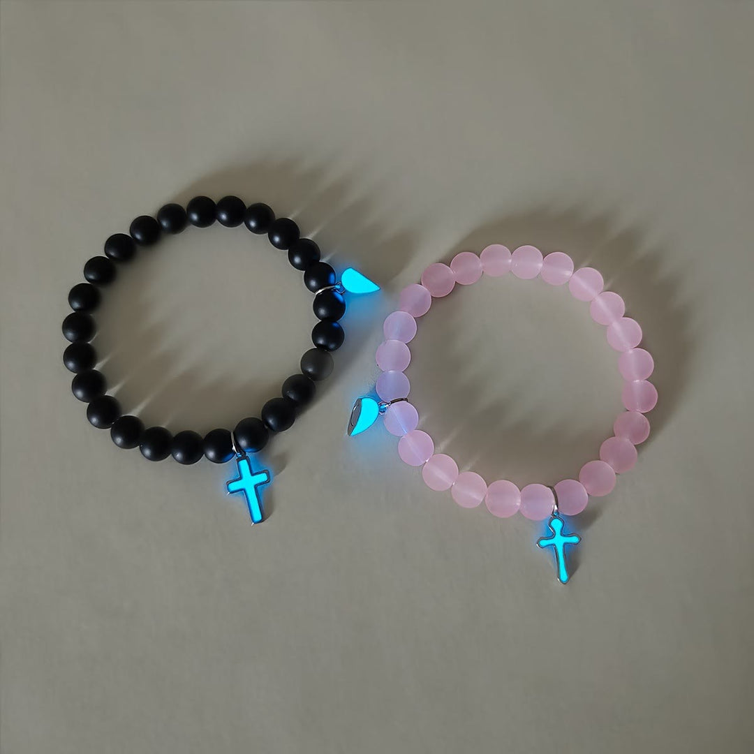 Christianartworkshop Glowing Cross Matching Beaded Bracelets with Magnetic Heart Clasp: A Symbol of United Faith & Shared Love - Black & Pink Cross Set - image 10