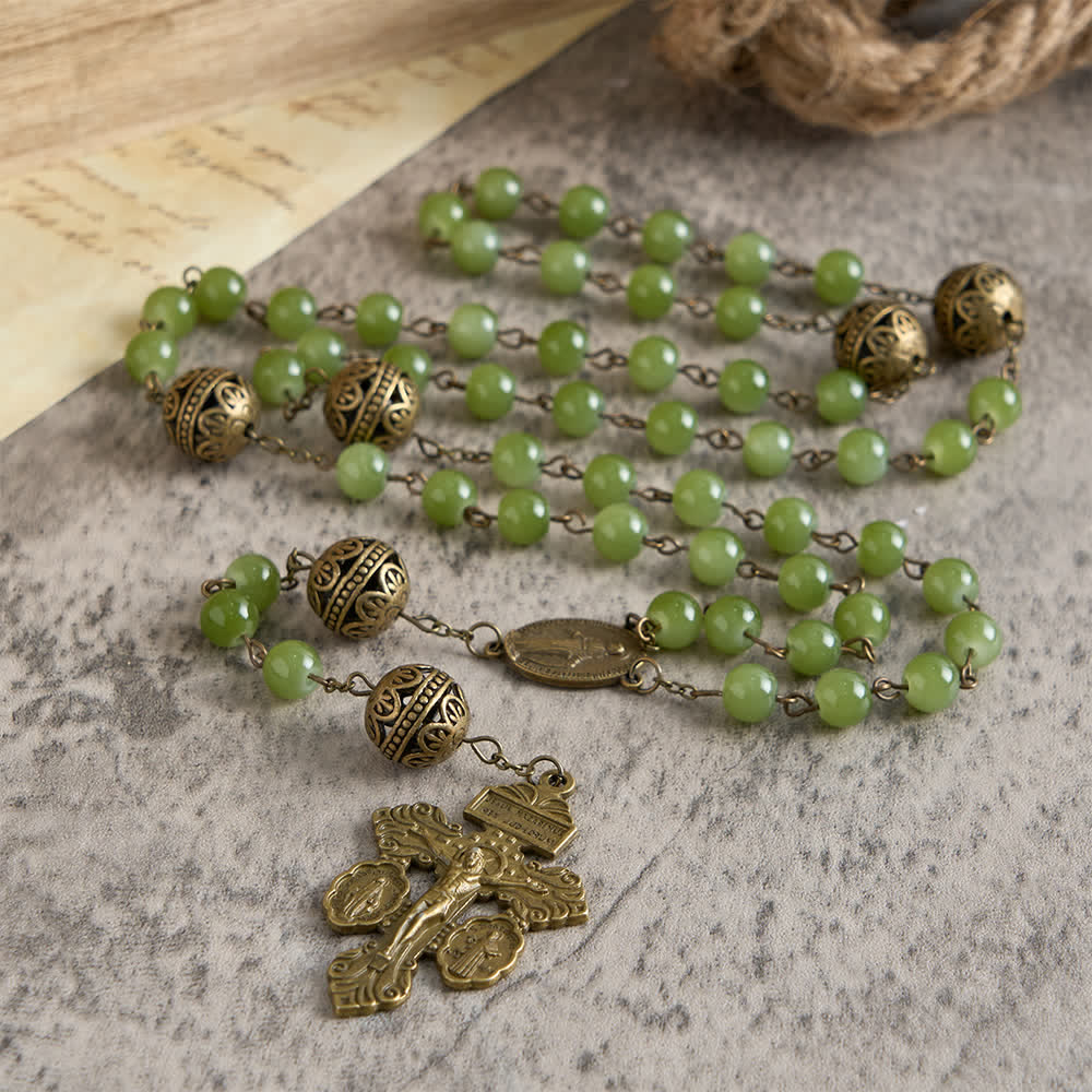 Christianartworkshop Bronze Filigree & Olive Green Glass Rosary with Our Lady - Our Lady & Crucifix - image 0