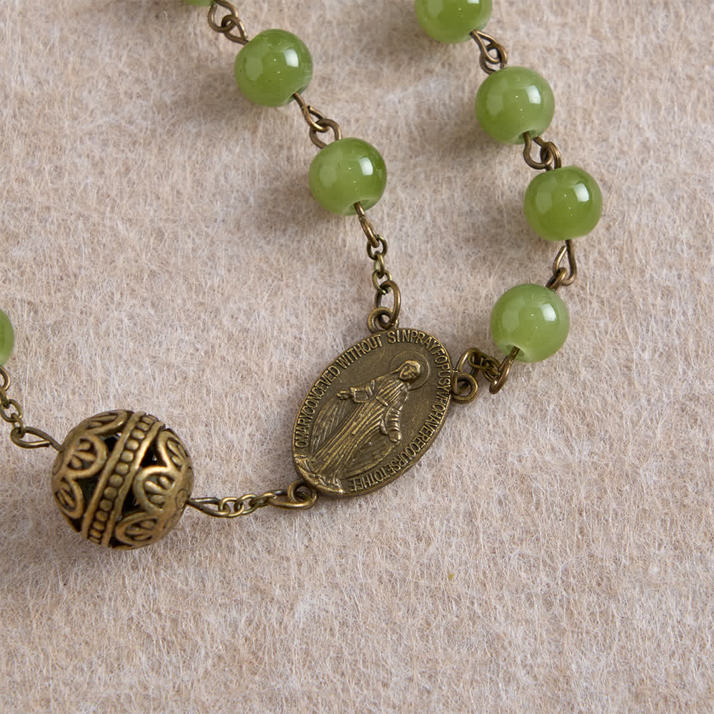 Christianartworkshop Bronze Filigree & Olive Green Glass Rosary with Our Lady - image 8