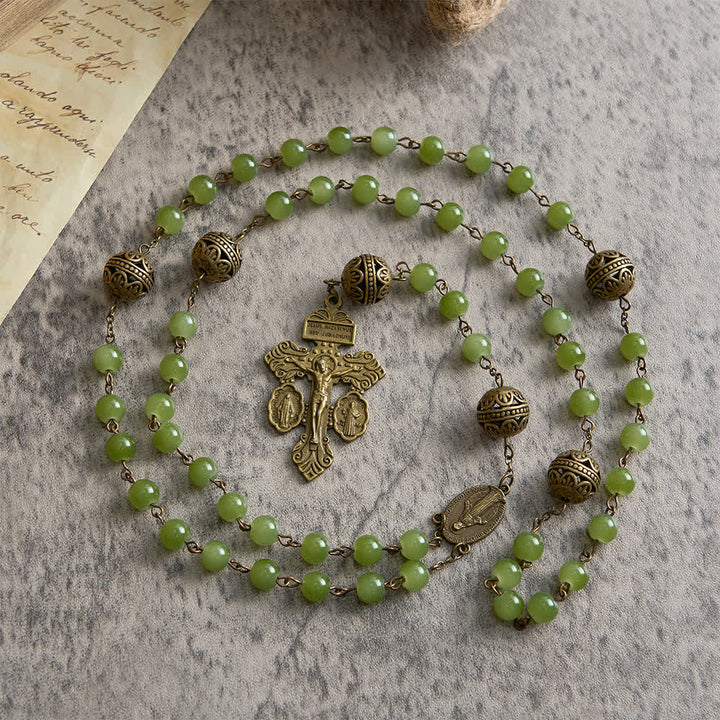 Christianartworkshop Bronze Filigree & Olive Green Glass Rosary with Our Lady - image 5