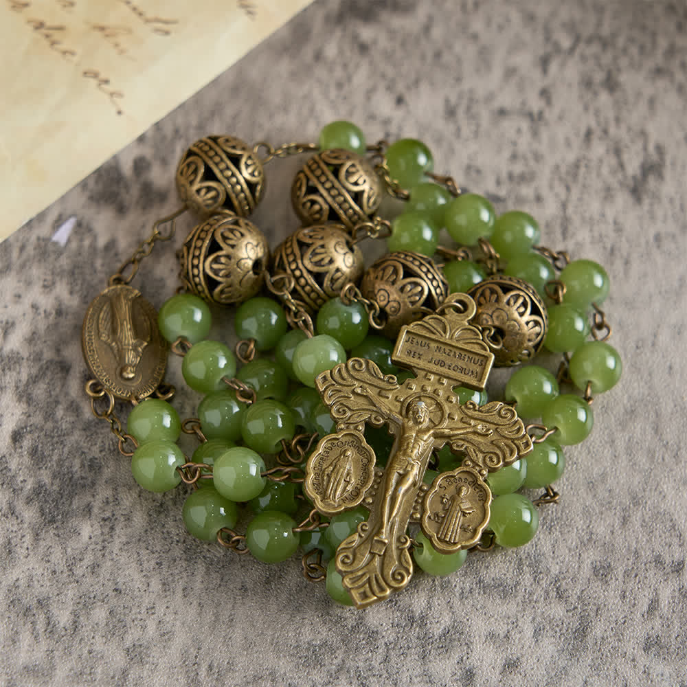 Christianartworkshop Bronze Filigree & Olive Green Glass Rosary with Our Lady - image 2