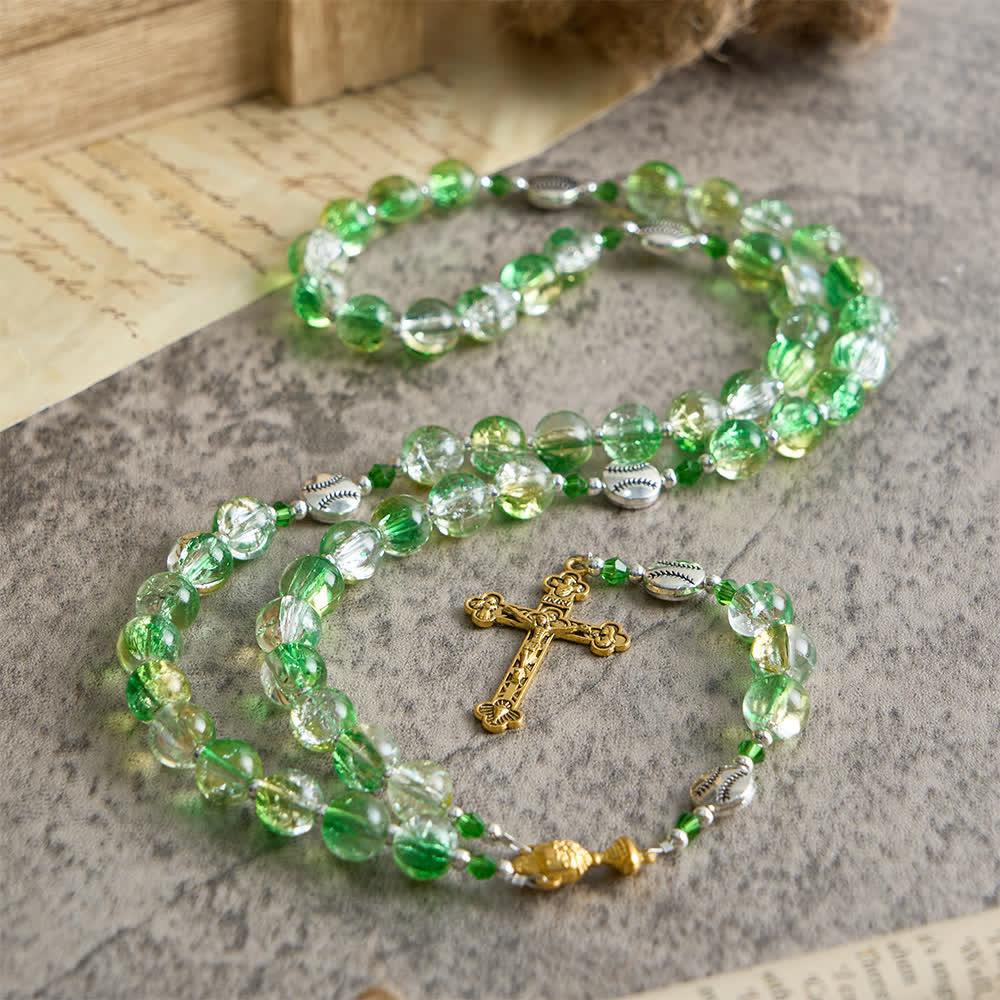 Christianartworkshop Yellow Green Crackle Glass Rosary: Tennis Ball Beads with Eucharist Medal for Faith in Motion - image 4