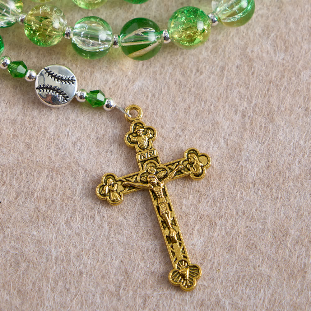 Christianartworkshop Yellow Green Crackle Glass Rosary: Tennis Ball Beads with Eucharist Medal for Faith in Motion - image 8