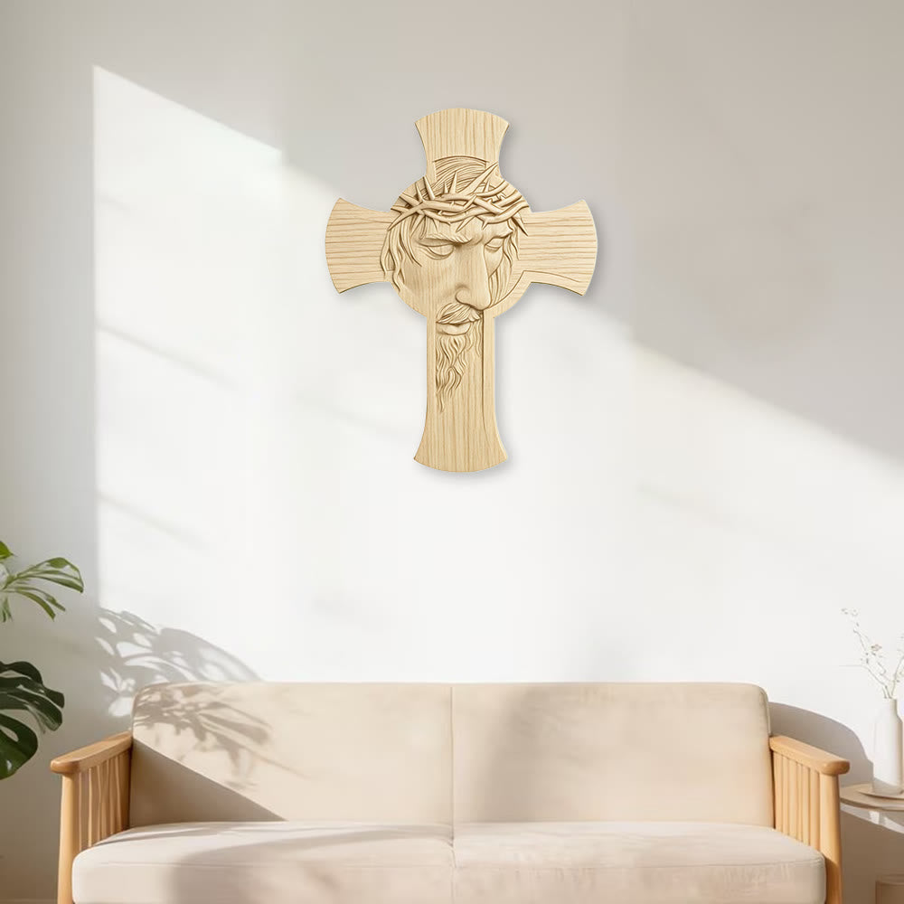 Christianartworkshop Minimalist Wooden Cross Wall Art with 2D Jesus Crown of Thorns Print: An Emblem of Devotion and Grace - image 2