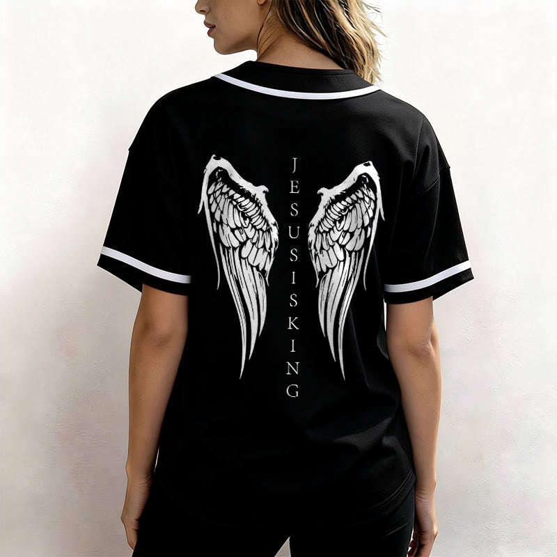 Christianartworkshop Jesus Is King Angel Wings Cross Faith Statement Custom Baseball Jersey - image 5