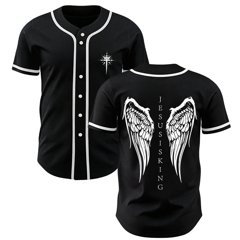 Christianartworkshop Jesus Is King Angel Wings Cross Faith Statement Custom Baseball Jersey - Black - 5XL - image 0