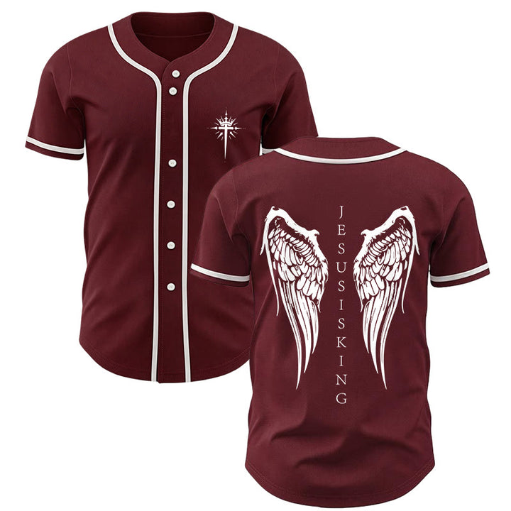 Christianartworkshop Jesus Is King Angel Wings Cross Faith Statement Custom Baseball Jersey - Wine - 5XL - image 35