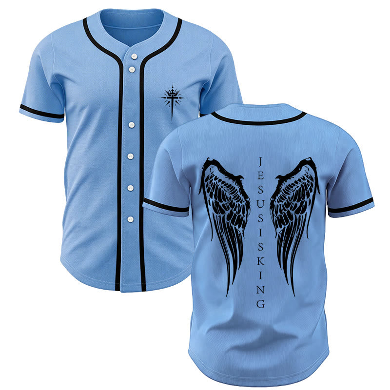 Christianartworkshop Jesus Is King Angel Wings Cross Faith Statement Custom Baseball Jersey - Blue - 5XL - image 42