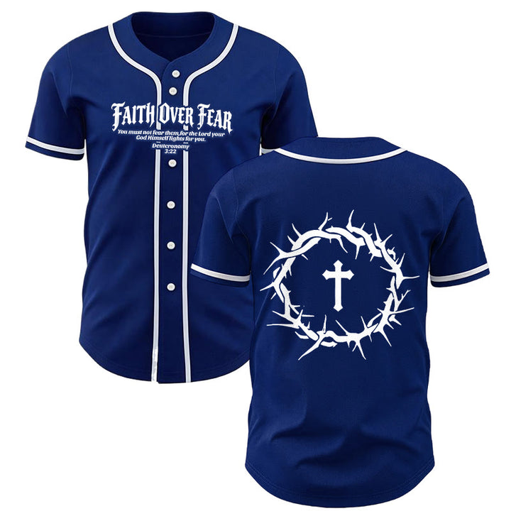 Christianartworkshop Faith Over Fear Deuteronomy 3:22 Crown of Thorns Cross Statement Baseball Jersey - Navy Blue - 5XL - image 14