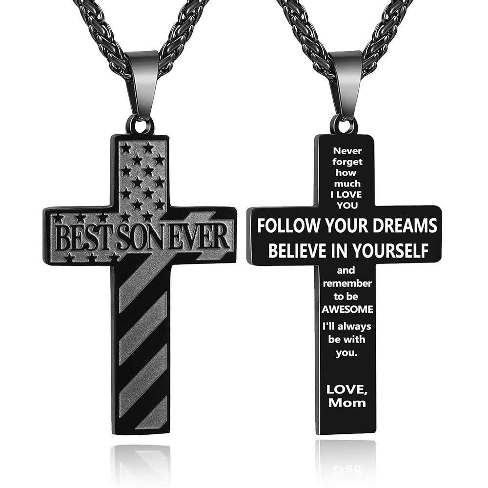 Christianartworkshop You'll Always Be My Hero Patriotic Cross Necklace: A Sentimental Gift for Dad from Son, Daughter & Brother, Emblem of Family Bond & Faith - BEST SON EVER-mom-Black - image 9
