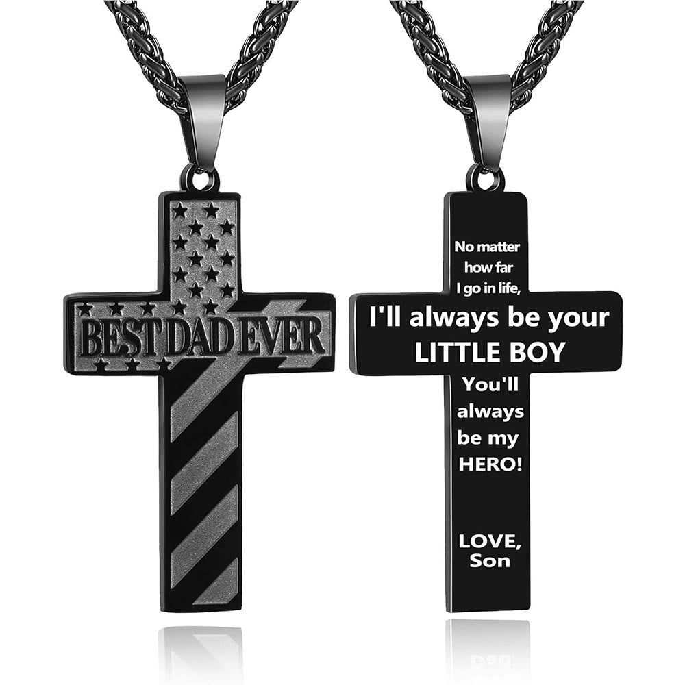 Christianartworkshop You'll Always Be My Hero Patriotic Cross Necklace: A Sentimental Gift for Dad from Son, Daughter & Brother, Emblem of Family Bond & Faith - BEST DAD EVER-son-Black - image 0