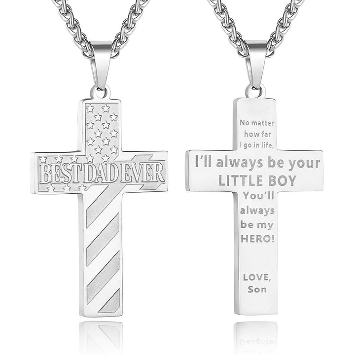 Christianartworkshop You'll Always Be My Hero Patriotic Cross Necklace: A Sentimental Gift for Dad from Son, Daughter & Brother, Emblem of Family Bond & Faith - BEST DAD EVER-son-Silver - image 2