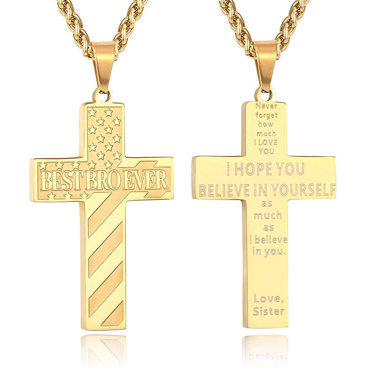 Christianartworkshop You'll Always Be My Hero Patriotic Cross Necklace: A Sentimental Gift for Dad from Son, Daughter & Brother, Emblem of Family Bond & Faith - BEST BRO EVER-sister-Golden - image 16