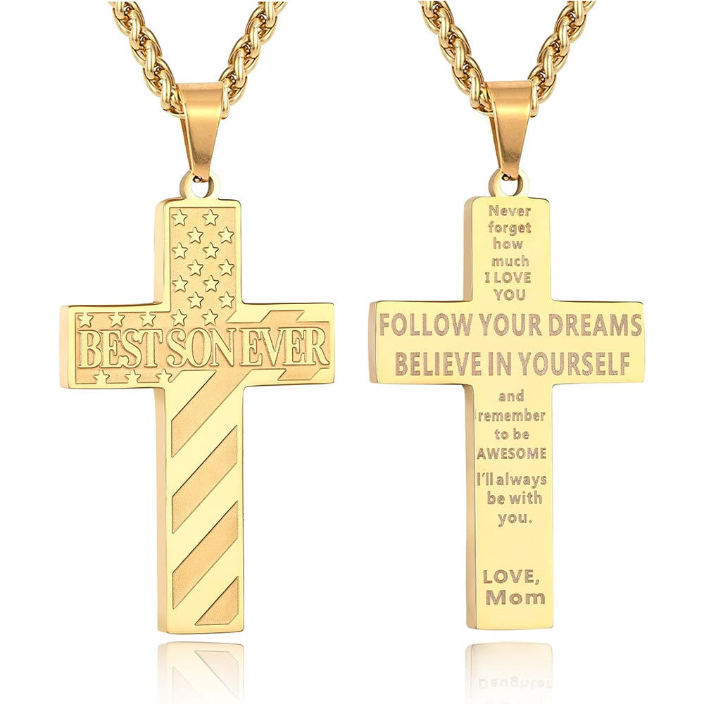 Christianartworkshop You'll Always Be My Hero Patriotic Cross Necklace: A Sentimental Gift for Dad from Son, Daughter & Brother, Emblem of Family Bond & Faith - BEST SON EVER-mom-Golden - image 11