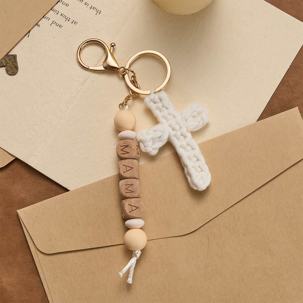 Christianartworkshop Soft Crochet Cross Keychain with “MAMA” Engraved Beads: Embody Faithful Grace & Warmth - White - image 1