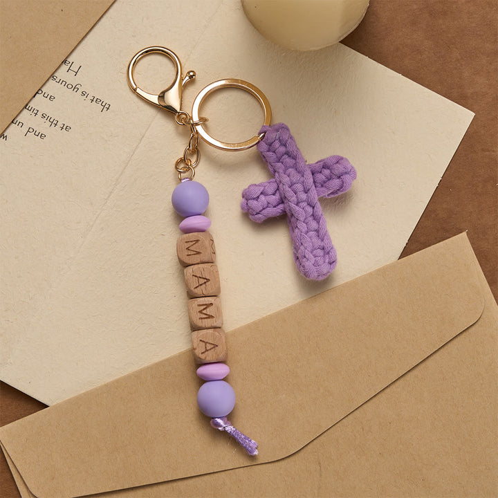 Christianartworkshop Soft Crochet Cross Keychain with “MAMA” Engraved Beads: Embody Faithful Grace & Warmth - Purple - image 4