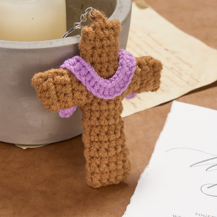 Christianartworkshop Hand-Crocheted Cross Keychain with Purple Accent: A Symbol of Cozy Faith & Warm Divine Love - image 1