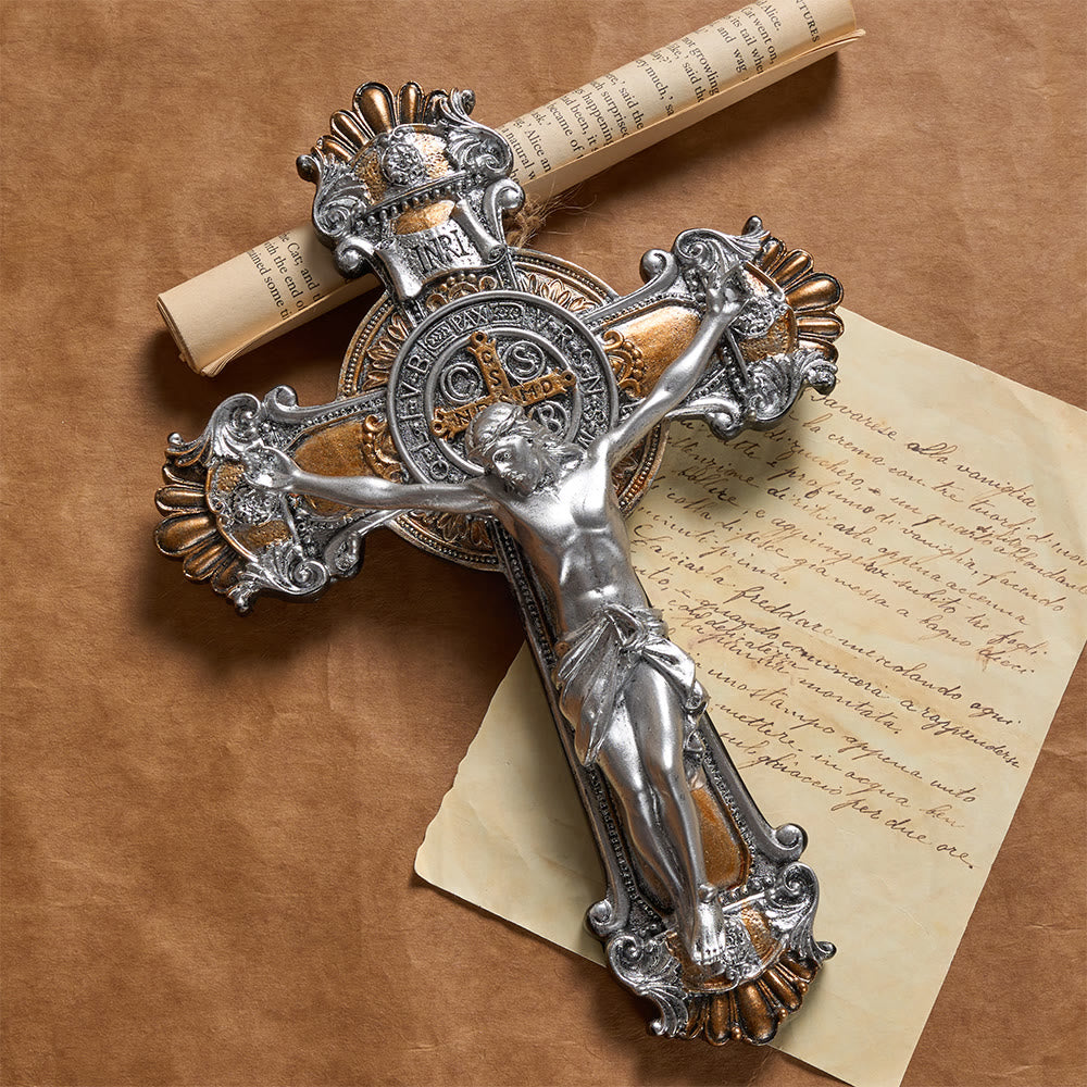 Christianartworkshop Vintage Silver & Gold Tone Crucifix Wall Hanging with INRI Inscription: A Reminder of Divine Sacrifice - Crucifix - image 0