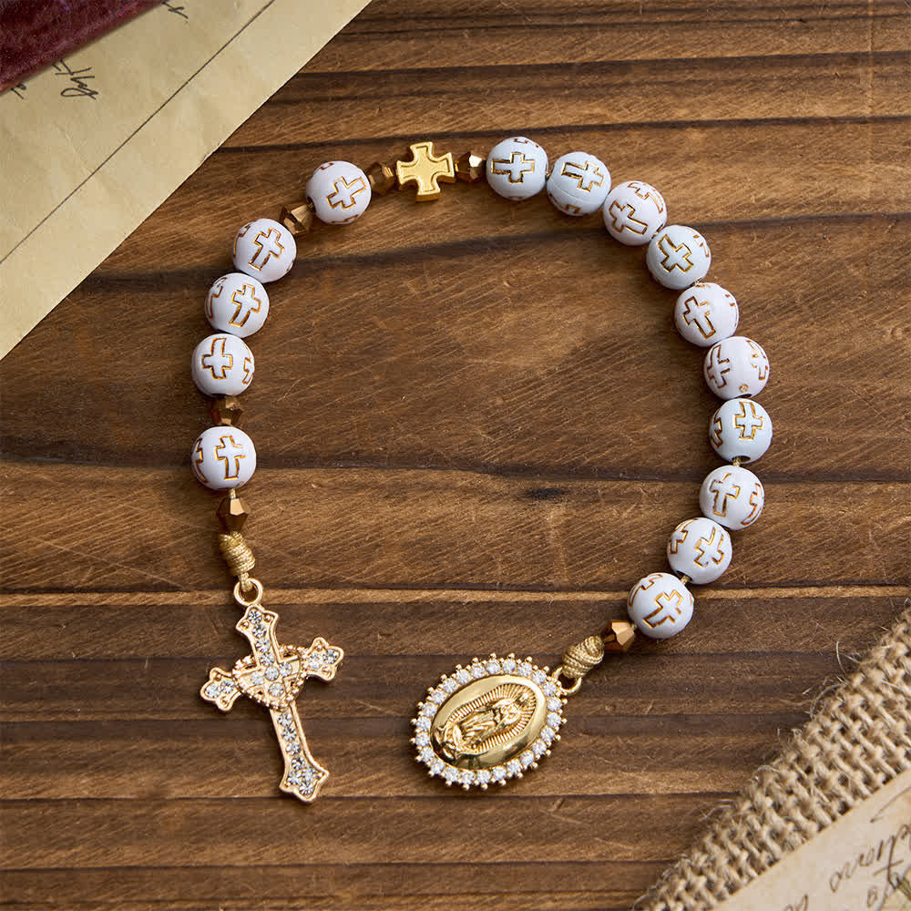 Christianartworkshop White Cross Bead Pocket Rosary: Sparkling Our Lady Medal for Pure Faith - Our Lady & Cross - image 0
