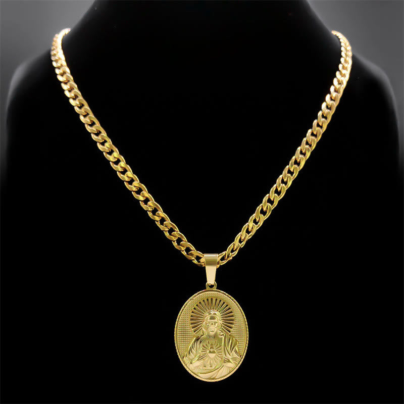 Christianartworkshop Stainless Steel Sacred Heart Jesus Necklace with Cuban Link Chain: A Reminder of Devotion - image 1