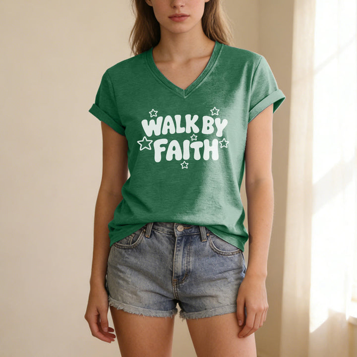 Christianartworkshop Walk By Faith Star Print Casual V-neck T-shirt - image 15