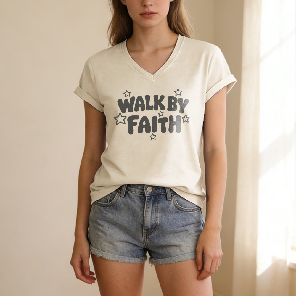 Christianartworkshop Walk By Faith Star Print Casual V-neck T-shirt - image 1