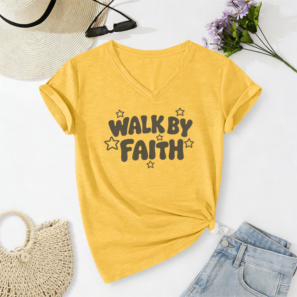 Christianartworkshop Walk By Faith Star Print Casual V-neck T-shirt - Yellow - 2XL - image 2