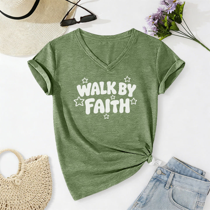 Christianartworkshop Walk By Faith Star Print Casual V-neck T-shirt - Olive Green - 2XL - image 4
