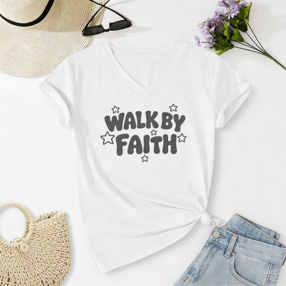Christianartworkshop Walk By Faith Star Print Casual V-neck T-shirt - White - 2XL - image 6