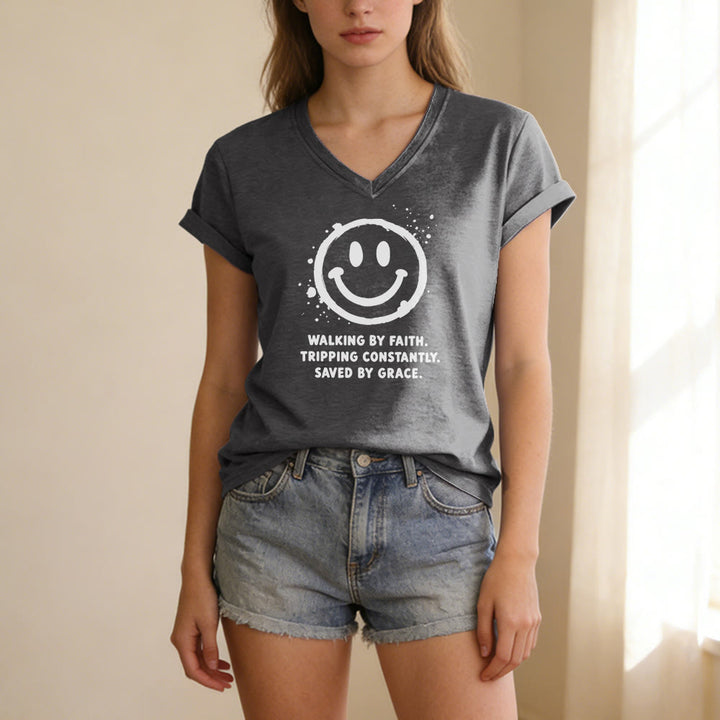 Christianartworkshop Walking By Faith Smiley Print Casual V-neck T-shirt - image 23