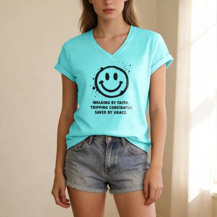 Christianartworkshop Walking By Faith Smiley Print Casual V-neck T-shirt - image 11