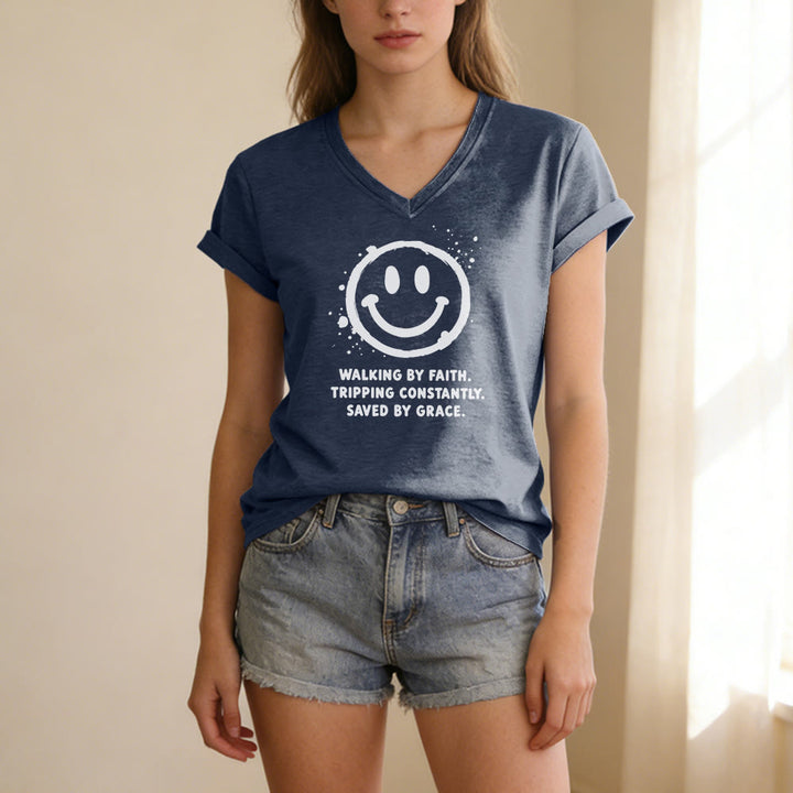 Christianartworkshop Walking By Faith Smiley Print Casual V-neck T-shirt - image 21