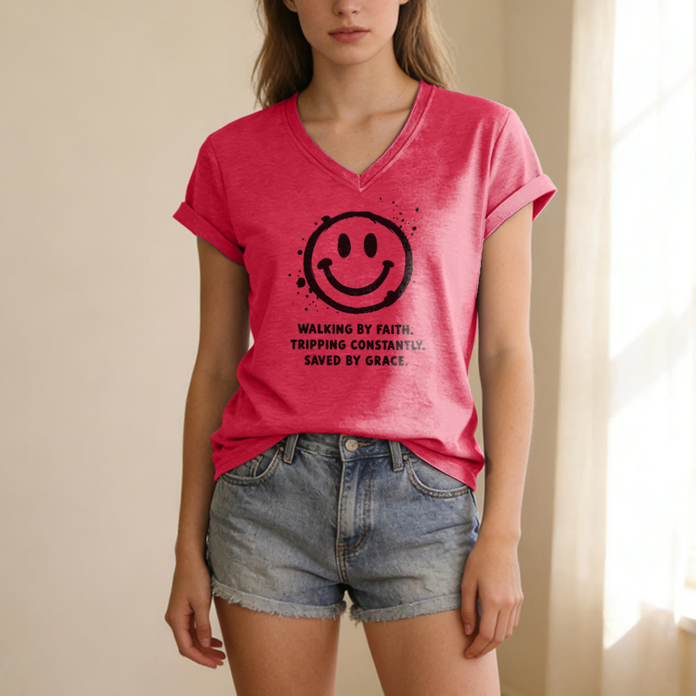 Christianartworkshop Walking By Faith Smiley Print Casual V-neck T-shirt - image 1