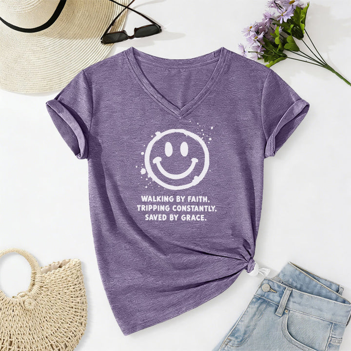 Christianartworkshop Walking By Faith Smiley Print Casual V-neck T-shirt - Purple - 2XL - image 18