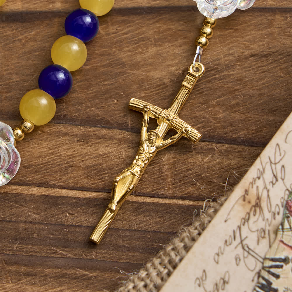 Christianartworkshop Blue & Yellow Guadalupe Rosary: Iridescent Rose Beads with Golden Crucifix - image 7