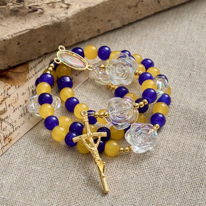 Christianartworkshop Blue & Yellow Guadalupe Rosary: Iridescent Rose Beads with Golden Crucifix - image 3