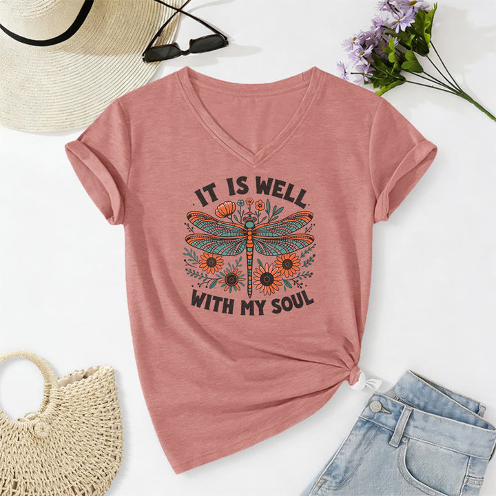 Christianartworkshop It Is Well With My Soul Dragonfly Floral Print Casual V-neck T-shirt - Light Pink - 2XL - image 10