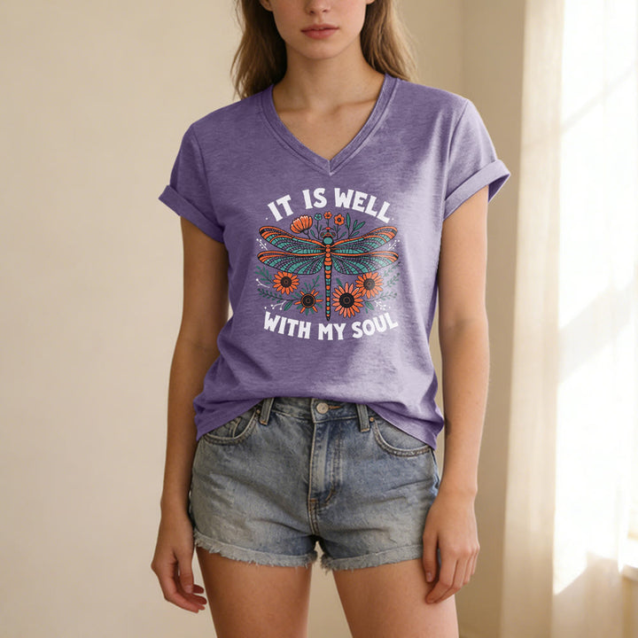 Christianartworkshop It Is Well With My Soul Dragonfly Floral Print Casual V-neck T-shirt - image 17